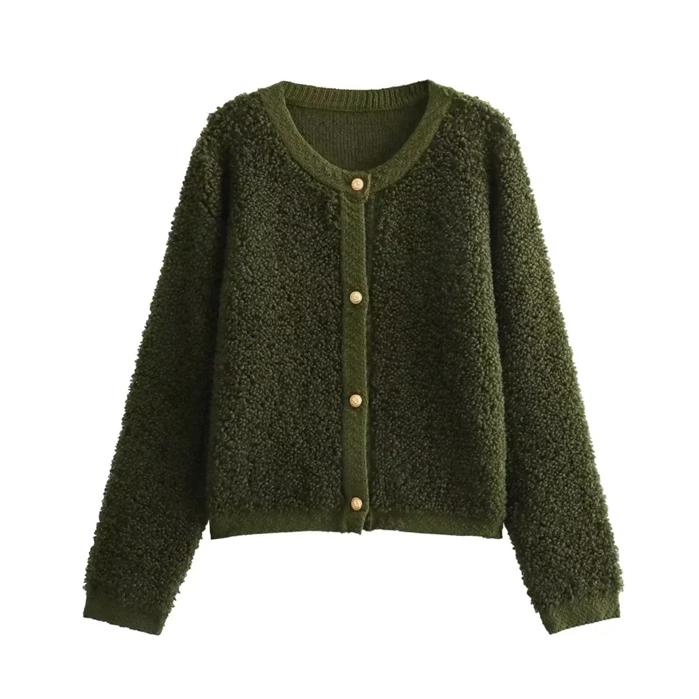grünes flauschiges Teddy Cardigan für Damen mit Knöpfen