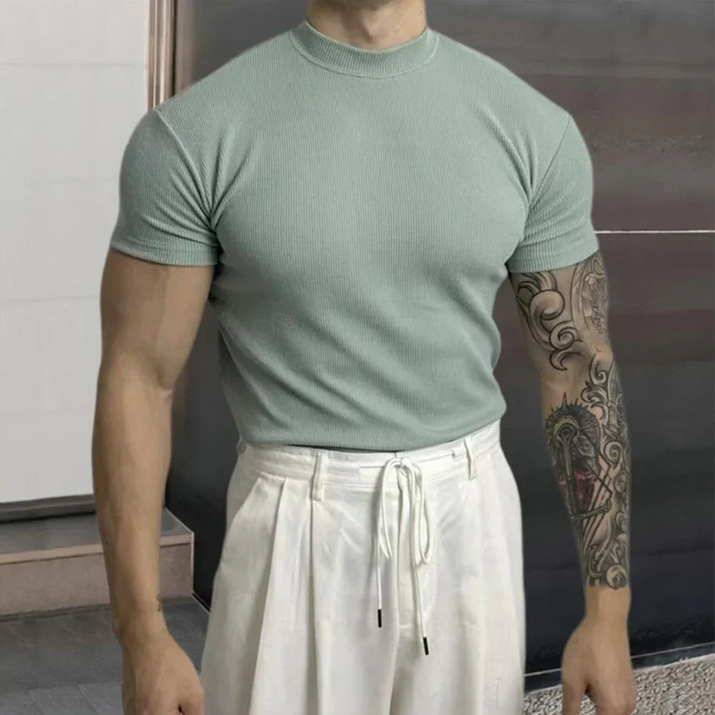 matteo fit strak t-shirt lichtblauw, strak heren t-shirt elastisch katoen, moderne hoge hals heren t-shirt, casual heren t-shirt wit, sportief heren shirt olijfgroen, zwarte heren t-shirt slim fit, ademend heren t-shirt elastisch, stijlvolle basic heren t-shirt
