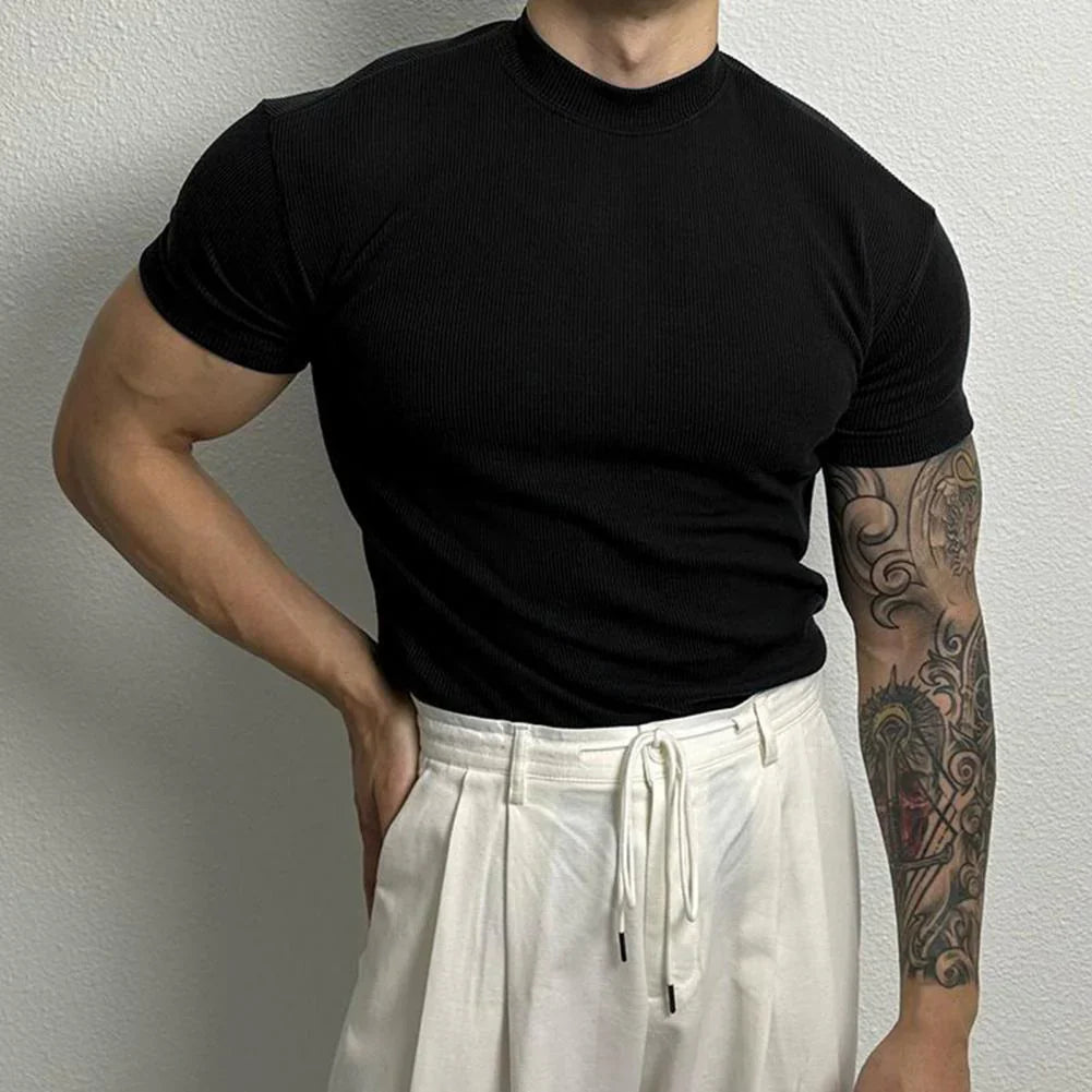 matteo fit strak t-shirt lichtblauw, strak heren t-shirt elastisch katoen, moderne hoge hals heren t-shirt, casual heren t-shirt wit, sportief heren shirt olijfgroen, zwarte heren t-shirt slim fit, ademend heren t-shirt elastisch, stijlvolle basic heren t-shirt
