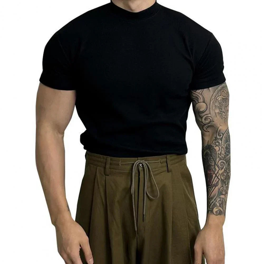 matteo fit strak t-shirt lichtblauw, strak heren t-shirt elastisch katoen, moderne hoge hals heren t-shirt, casual heren t-shirt wit, sportief heren shirt olijfgroen, zwarte heren t-shirt slim fit, ademend heren t-shirt elastisch, stijlvolle basic heren t-shirt
