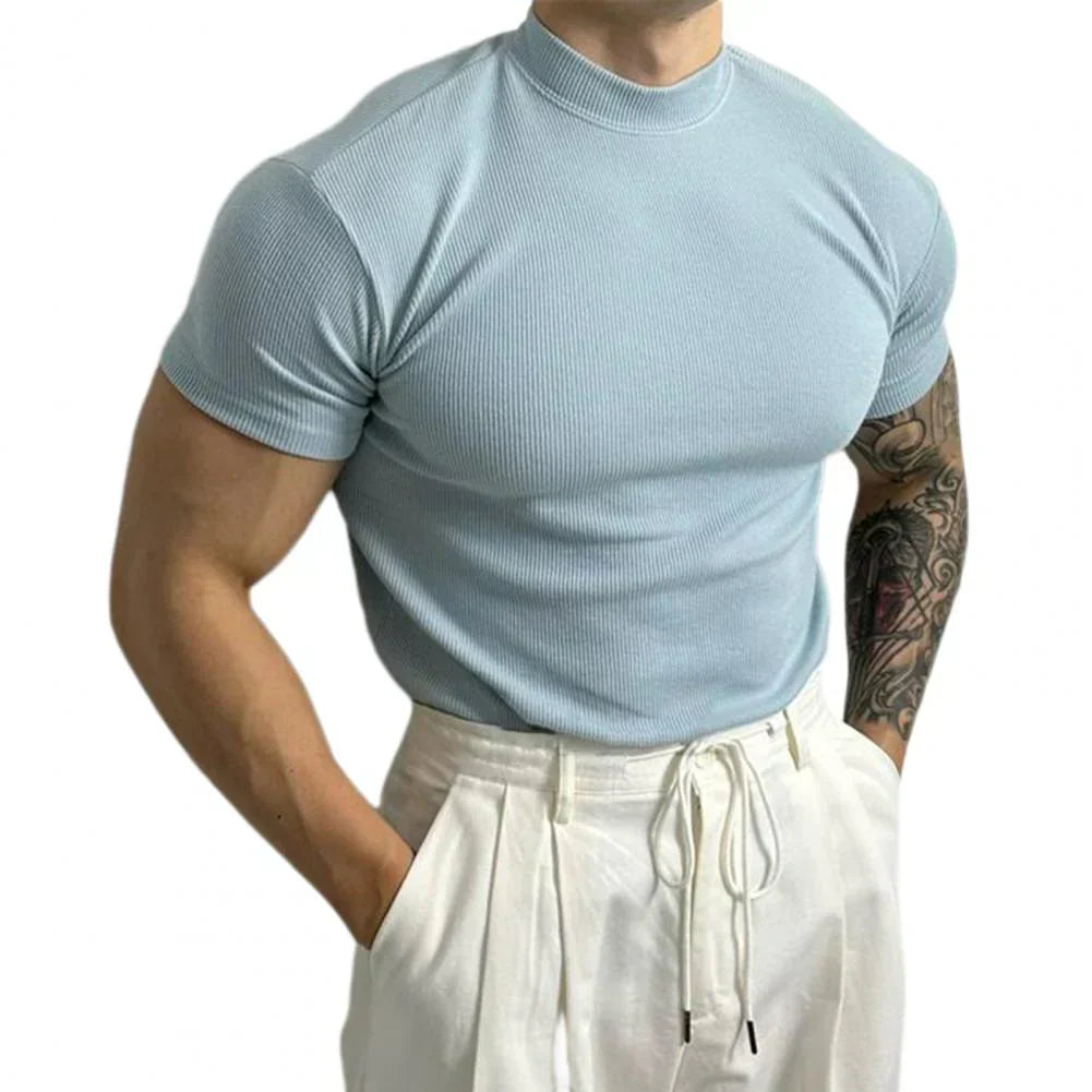 matteo fit strak t-shirt lichtblauw, strak heren t-shirt elastisch katoen, moderne hoge hals heren t-shirt, casual heren t-shirt wit, sportief heren shirt olijfgroen, zwarte heren t-shirt slim fit, ademend heren t-shirt elastisch, stijlvolle basic heren t-shirt
