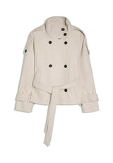 Kurzer Trenchcoat mit Stehkragen und Bindegürtel in Creme