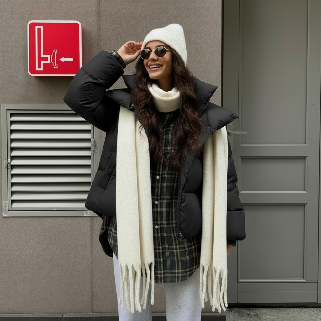 frau trägt schwarze pufferjacke mit weißem shirt und blauer jogginghose