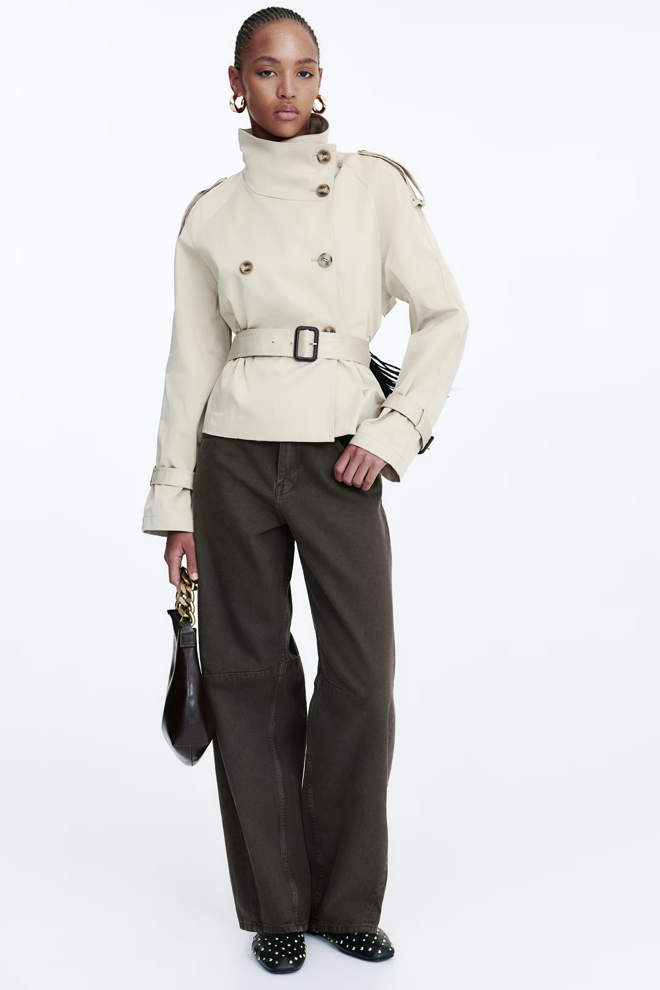 Maravine Cropped Trenchcoat Damen beige mit Gürtel
