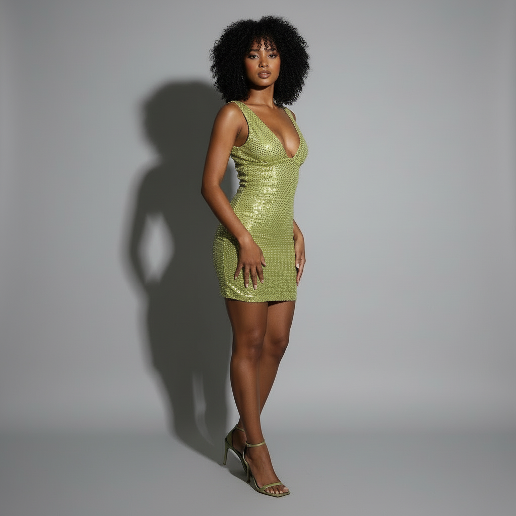 vollständiges outfitfoto goldgrünes mini pailletten kleid mit high heels