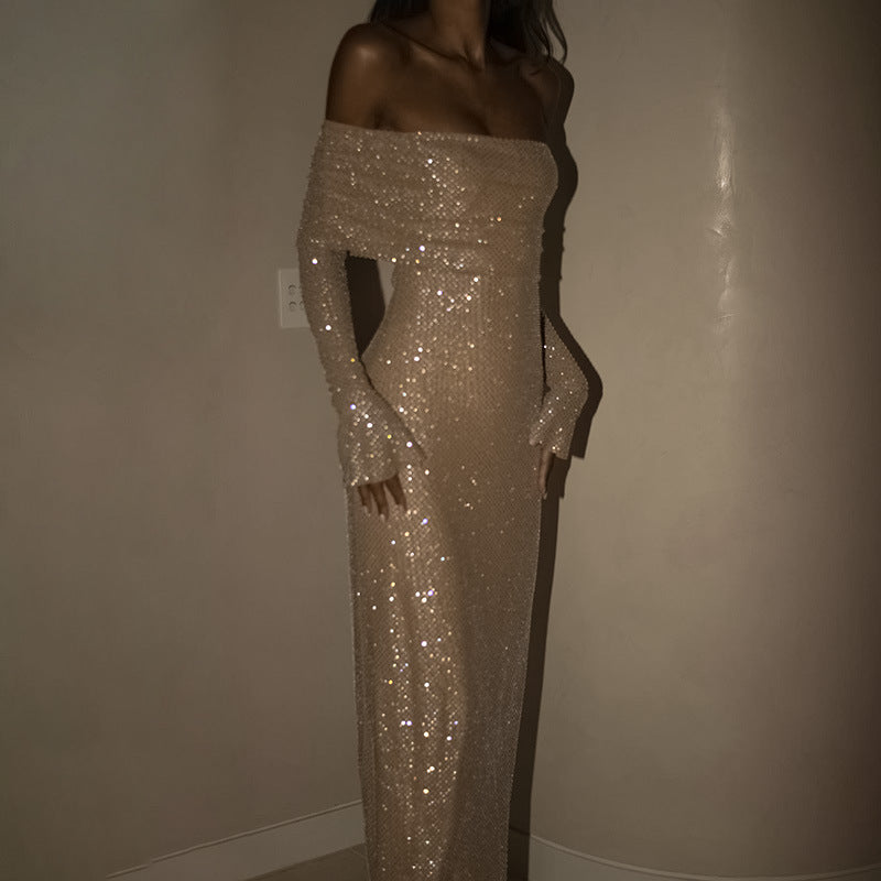 Noëlle Maxi Kleid in Beige Khaki schulterfrei elegant
