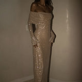 Noëlle Maxi Kleid in Beige Khaki schulterfrei elegant
