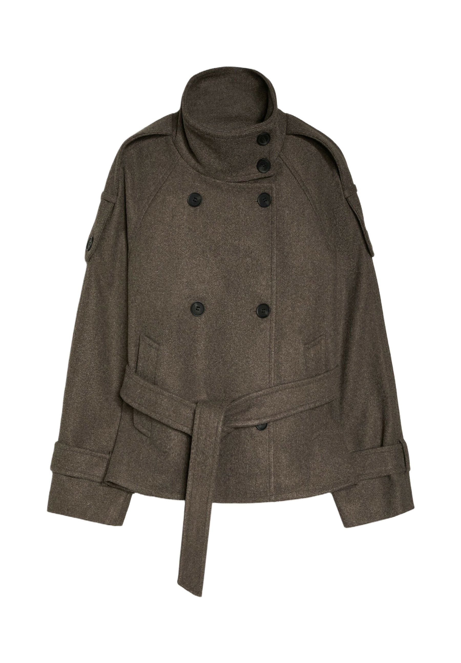 Kurzer Trenchcoat mit Stehkragen und Bindegürtel in Braun