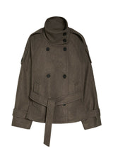 Kurzer Trenchcoat mit Stehkragen und Bindegürtel in Braun