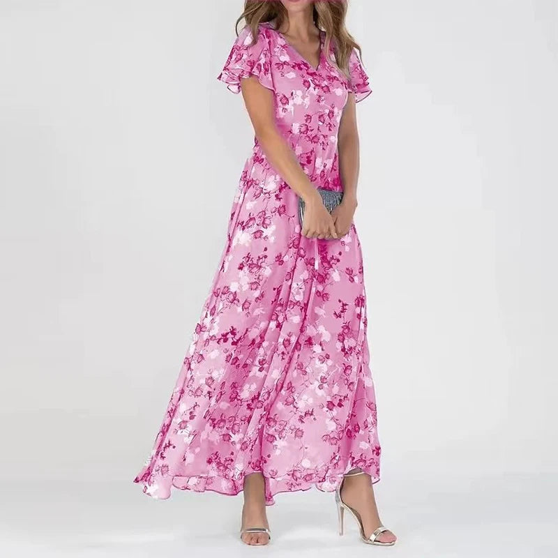 Damen Midi-Kleid in Pink mit V-Ausschnitt – Seitenansicht