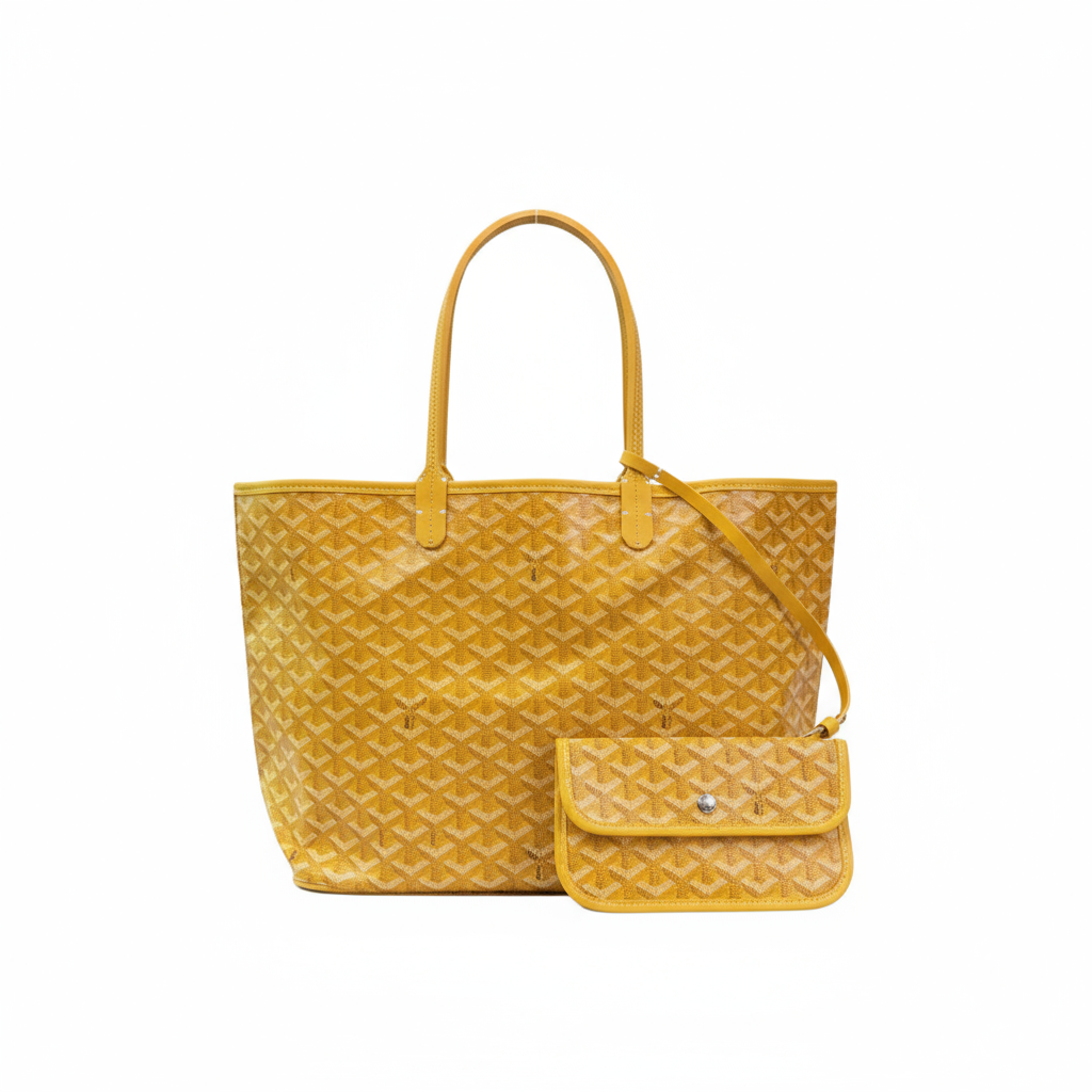 gelbe tote bag mit clutch