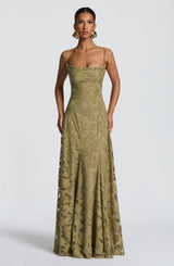 Salbeigrünes virales Maxikleid mit Blumenstruktur und schwingendem Rock, TikTok Fashion