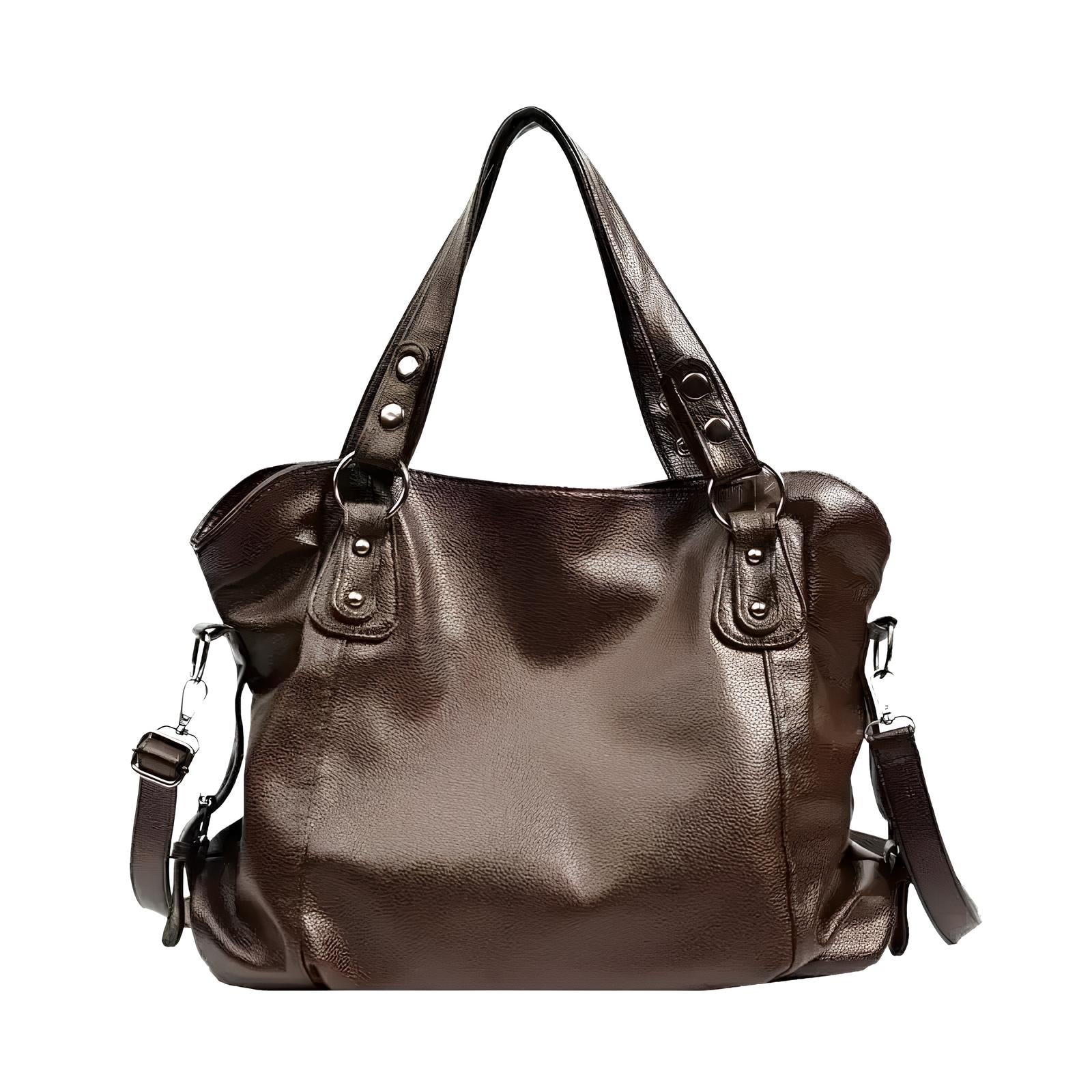 donkerbruine damestas van soepel leer met lange hengsels en crossbody mogelijkheid