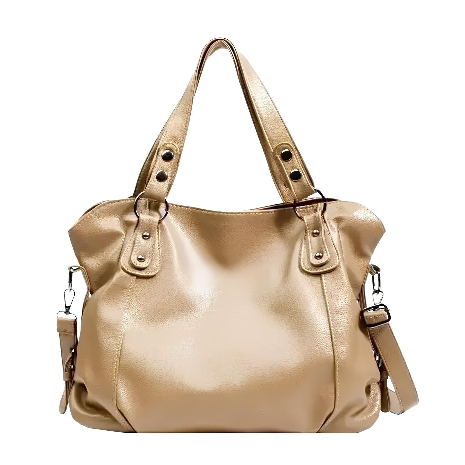 beige schoudertas dames met zilverkleurige hardware en ruime inhoud
