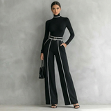 elegantes damen set rollkragenoberteil und weite hose schwarz