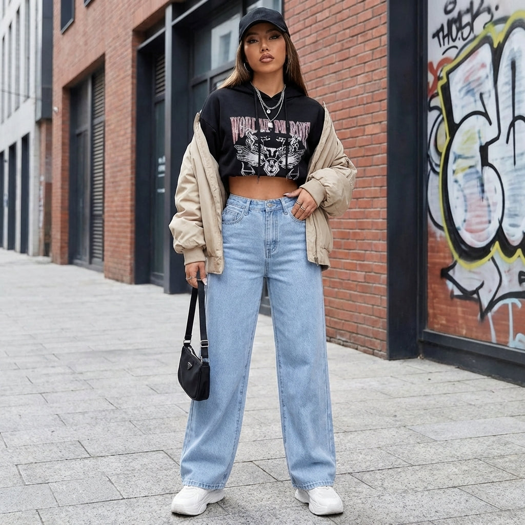 Modell in Lunira Wide-Leg-Jeans Hellblau – weitere Lookbook-Pose