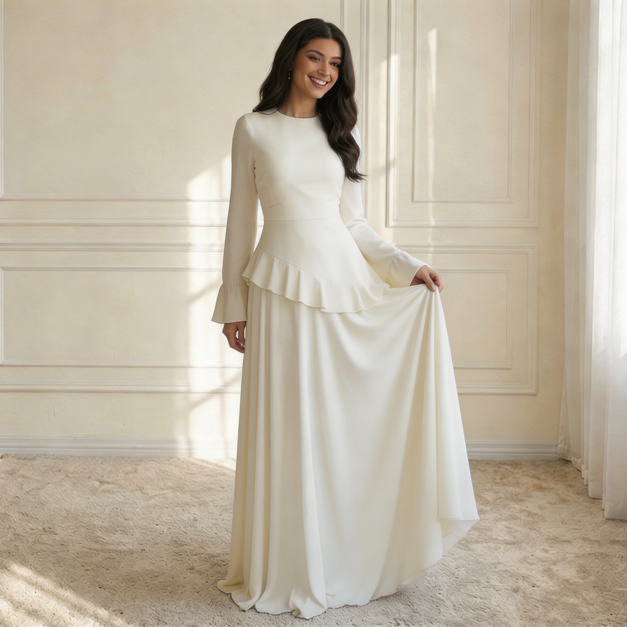 Modell in Elysera Maxikleid Creme – zweite Pose mit Detailansicht der Rüschen
