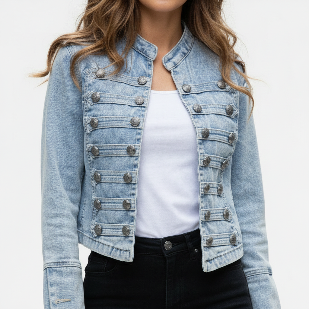 Talaine Velisse Jeansjacke Damen im Military-Stil mit Zierknoepfen