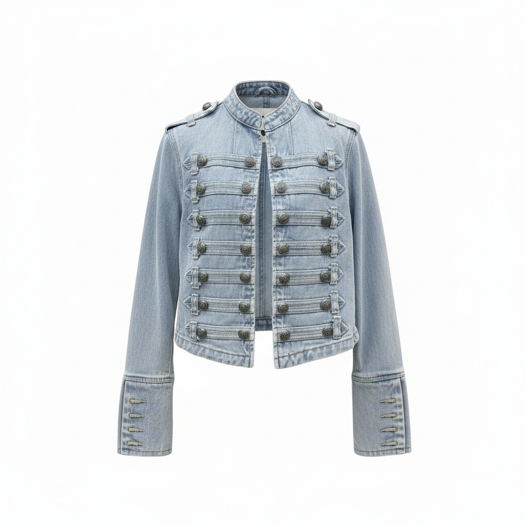 Talaine Velisse Jeansjacke in Hellblau im Military-Stil getragen