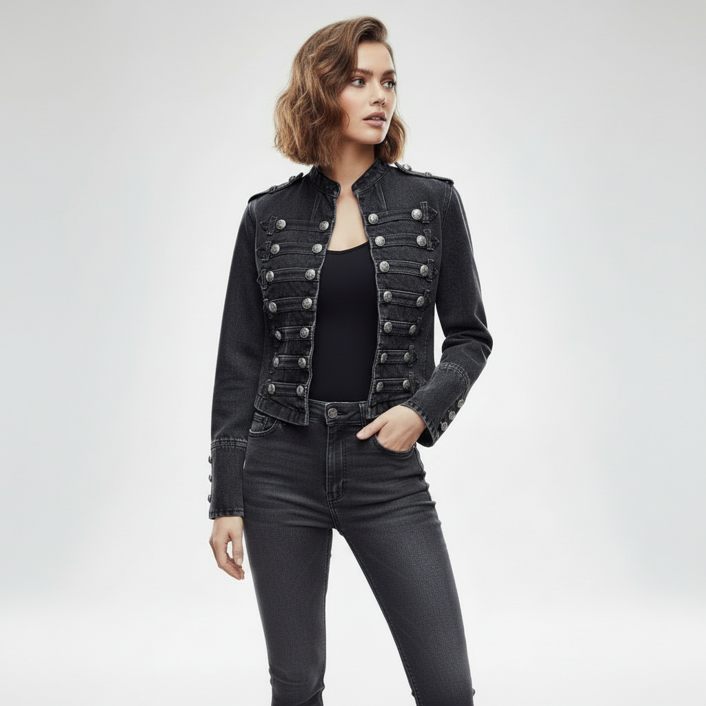 Damen Jeansjacke von Talaine im Military-Stil von hinten