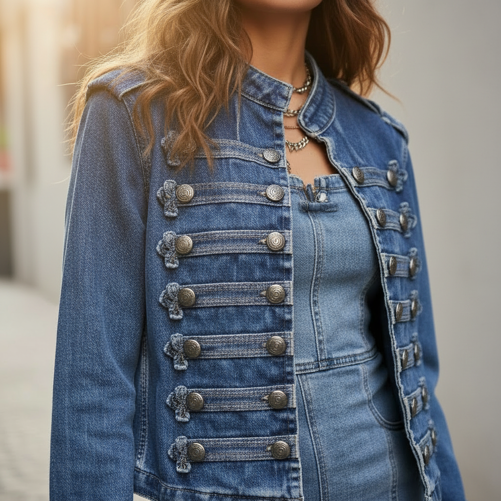 Talaine Jeansjacke mit Zierknoepfen in eleganter Detailaufnahme