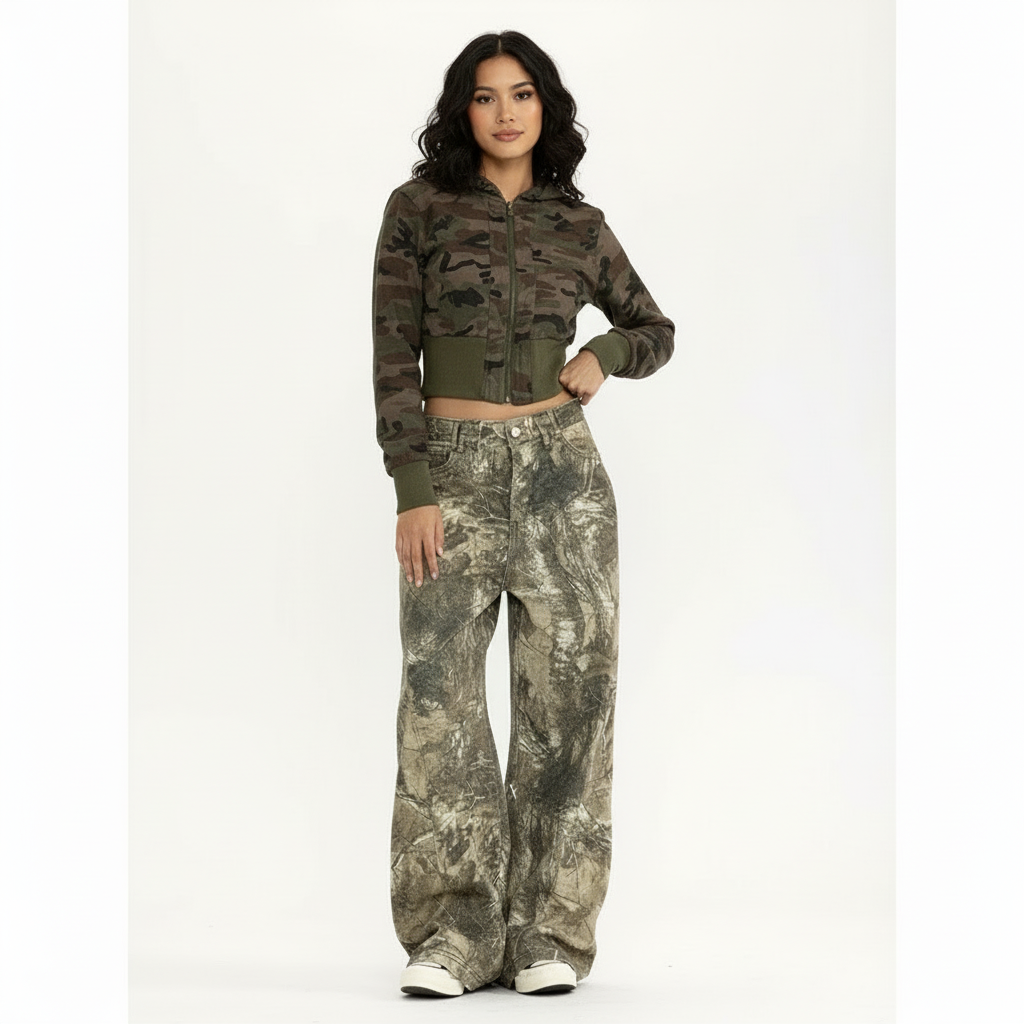 Modell trägt Zavelle Camouflage Wide-Leg-Jeans und Crop-Camo-Top, Streetstyle-Frontansicht