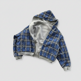 Rivara Hoodie Damen mit blauem Karo-Muster und grauen Ärmeln, Flatlay-Ansicht der Wendeseite