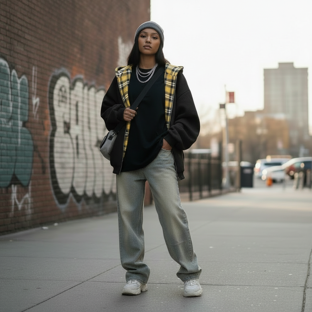 Modell trägt Rivara Hoodie in Schwarz mit gelb-kariertem Innenfutter, urbaner Streetwear-Look