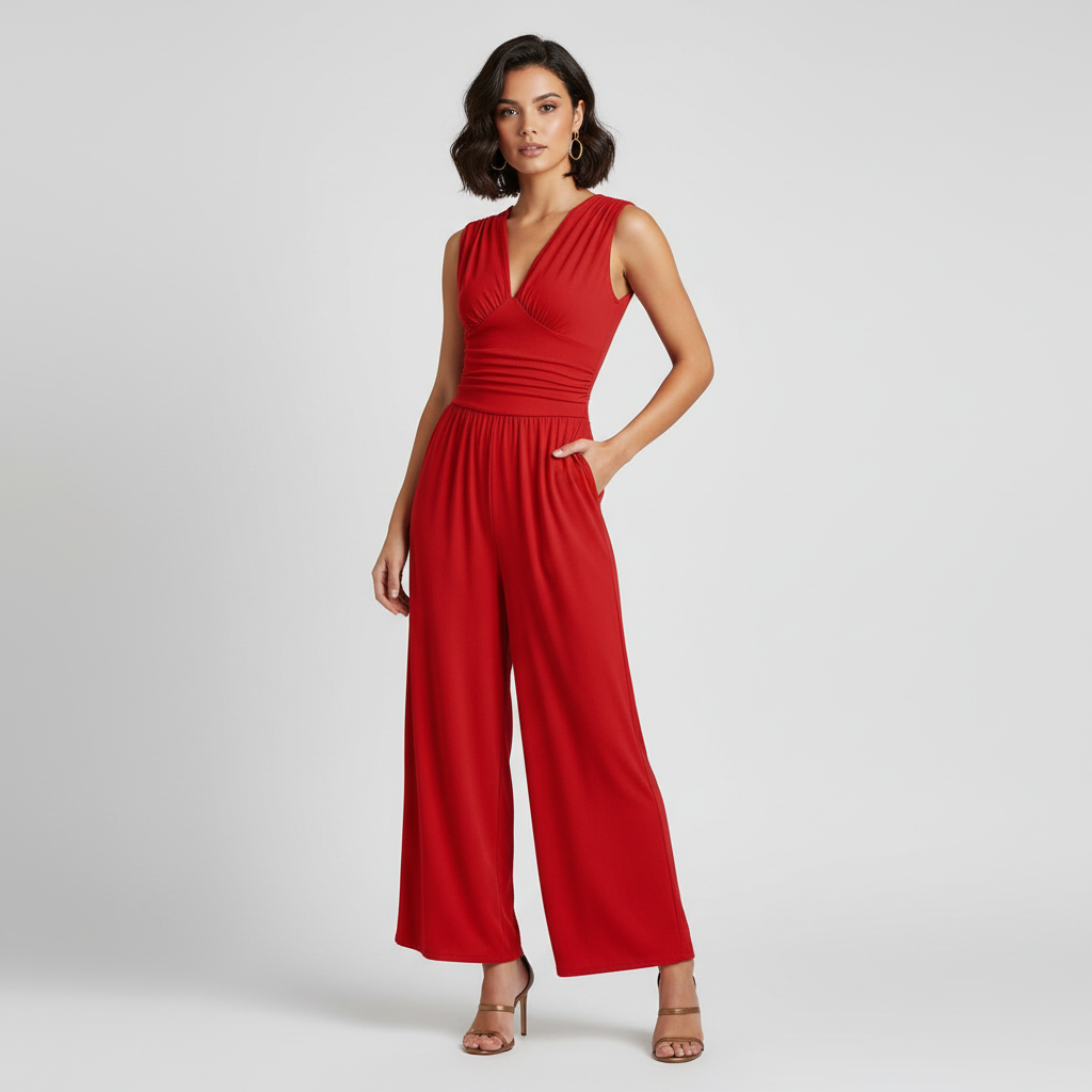 Modell trägt Elvara Jumpsuit in Rot mit V-Ausschnitt und Wide-Leg, elegante Frontansicht
