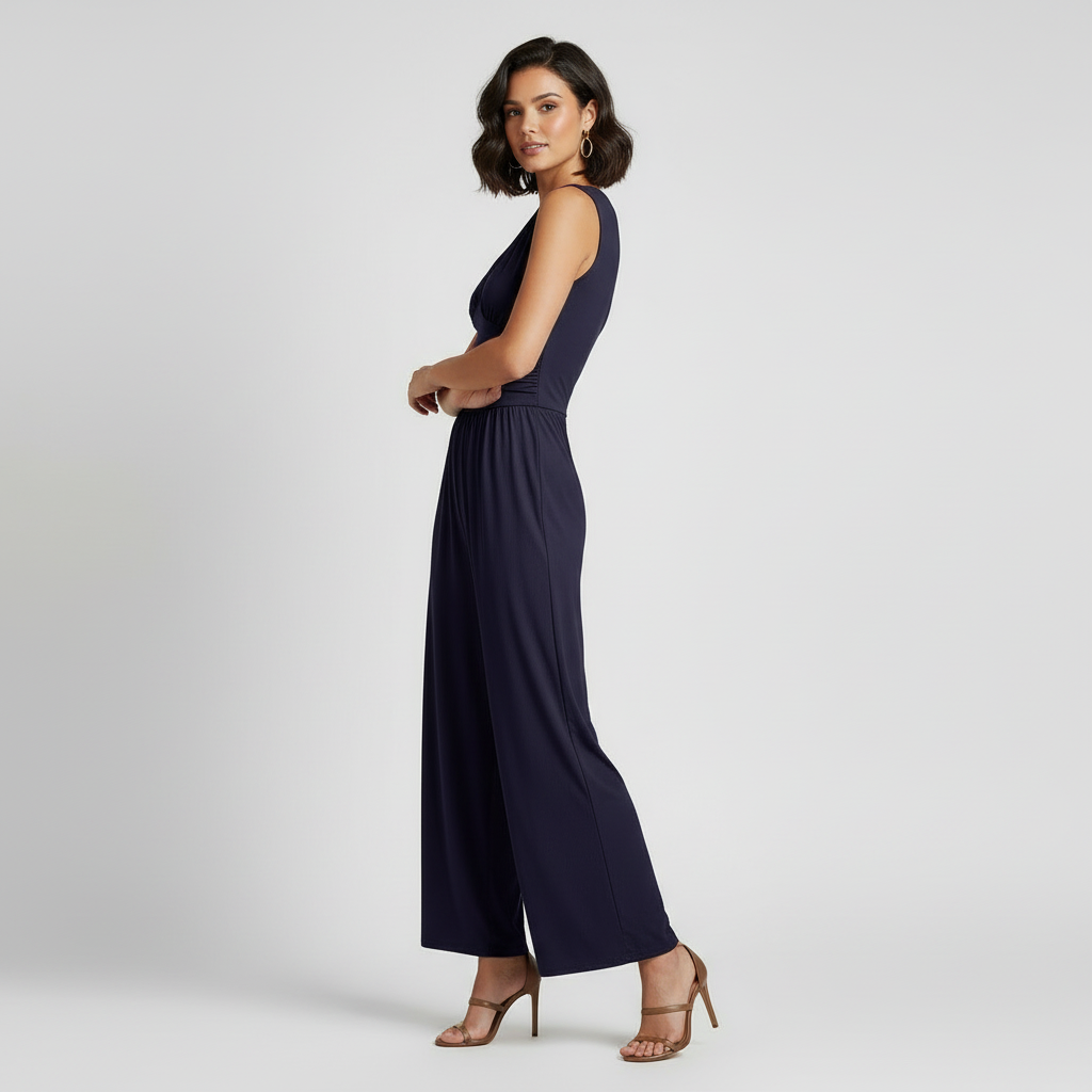 Modell in Elvara Jumpsuit Marineblau, Seitenansicht des Wide-Leg-Schnitts