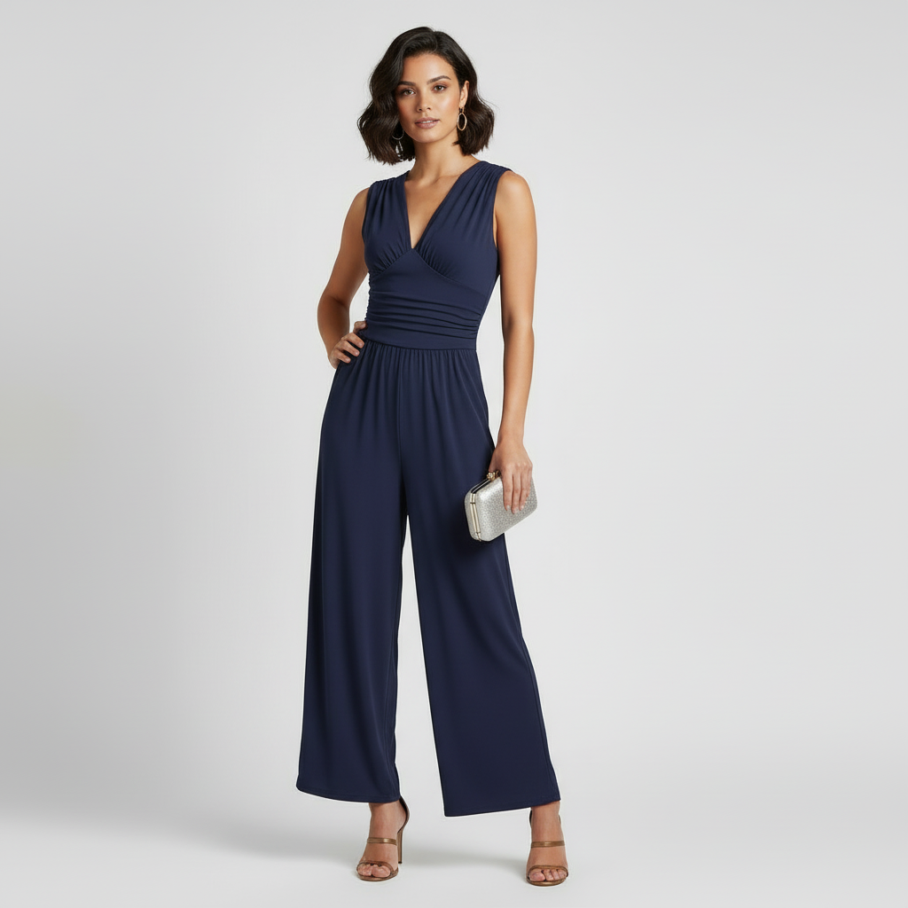 Modell in Elvara Jumpsuit Marineblau mit Clutch, elegante Frontansicht