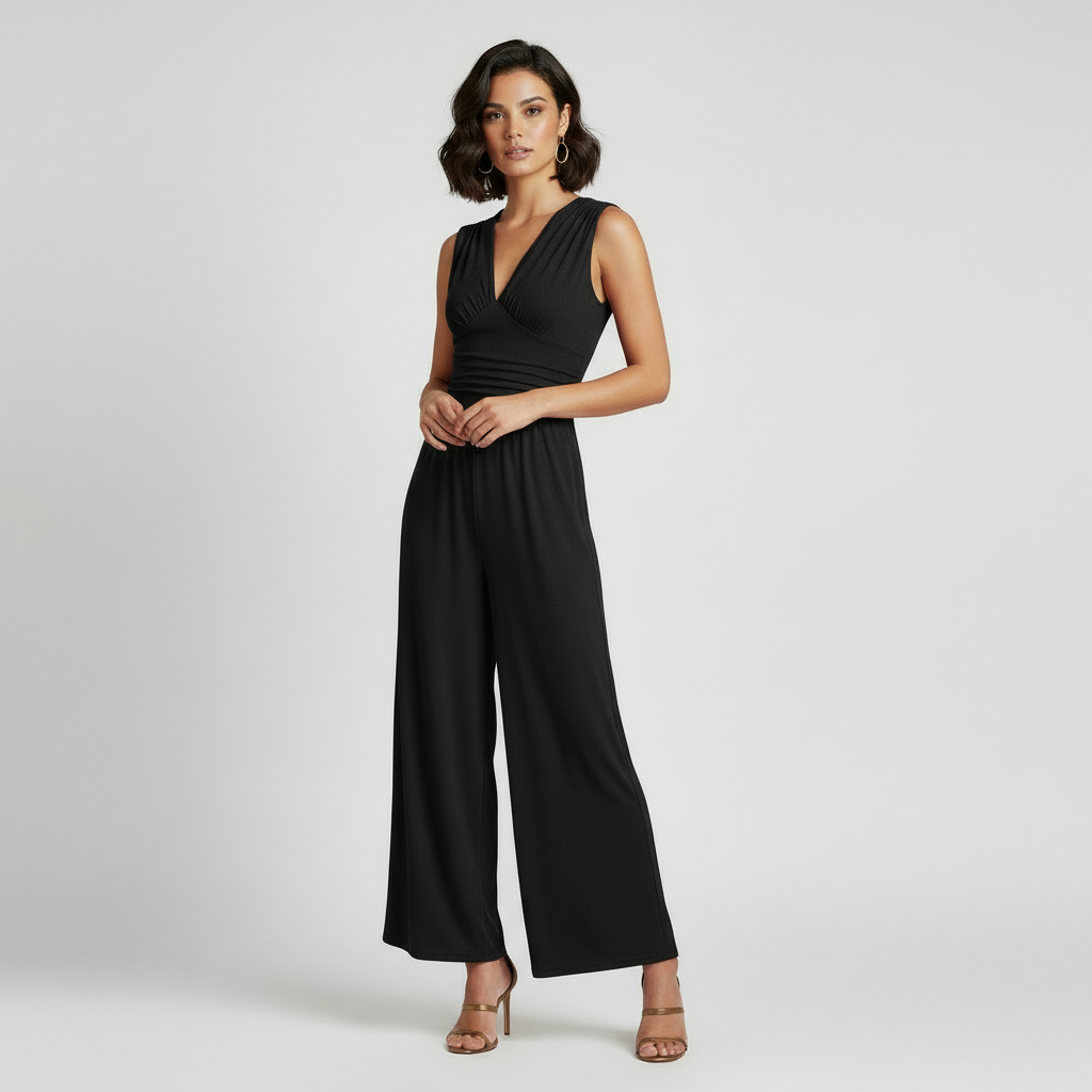 Modell trägt Elvara Jumpsuit in Schwarz mit V-Ausschnitt und Wide-Leg, elegante Frontansicht