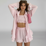 3-teiliges Lounge-Set Damen Rosa mit Bandeau-Top & Ruffle-Shorts – Roséline von Talaine, Vorderansicht