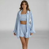 3-teiliges Lounge-Set Damen Blau mit Bluse, Bandeau-Top & Shorts – Roséline von Talaine, Vorderansicht