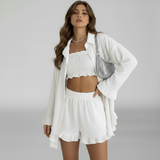 3-teiliges Set Damen Weiß mit Bandeau-Top & luftiger Bluse – Roséline von Talaine, am Model getragen