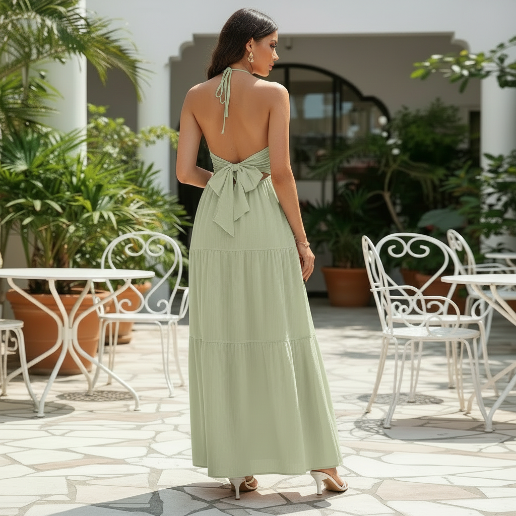 Modell in Liora Halter-Maxikleid Lindgrün – Rückansicht mit Halterband-Schleife