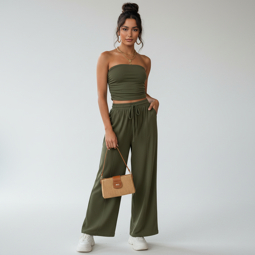 Elvani Lounge-Set Damen in Olivgrün – schulterfreies Bandeau-Top mit Wide-Leg-Hose, Frontansicht mit Crossbody-Tasche