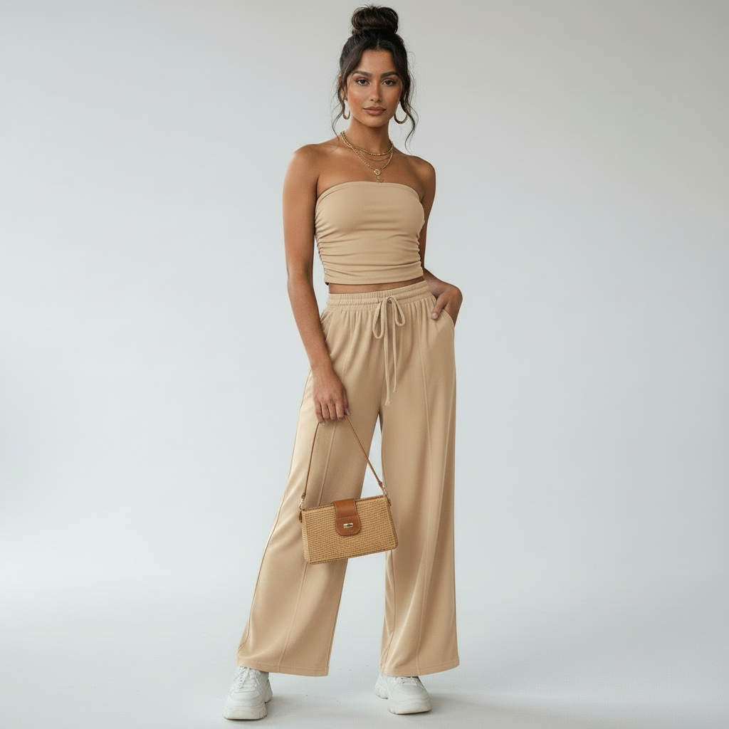 Elvani Lounge-Set Damen in Beige – schulterfreies Bandeau-Top mit Wide-Leg-Hose, Frontansicht mit Clutch