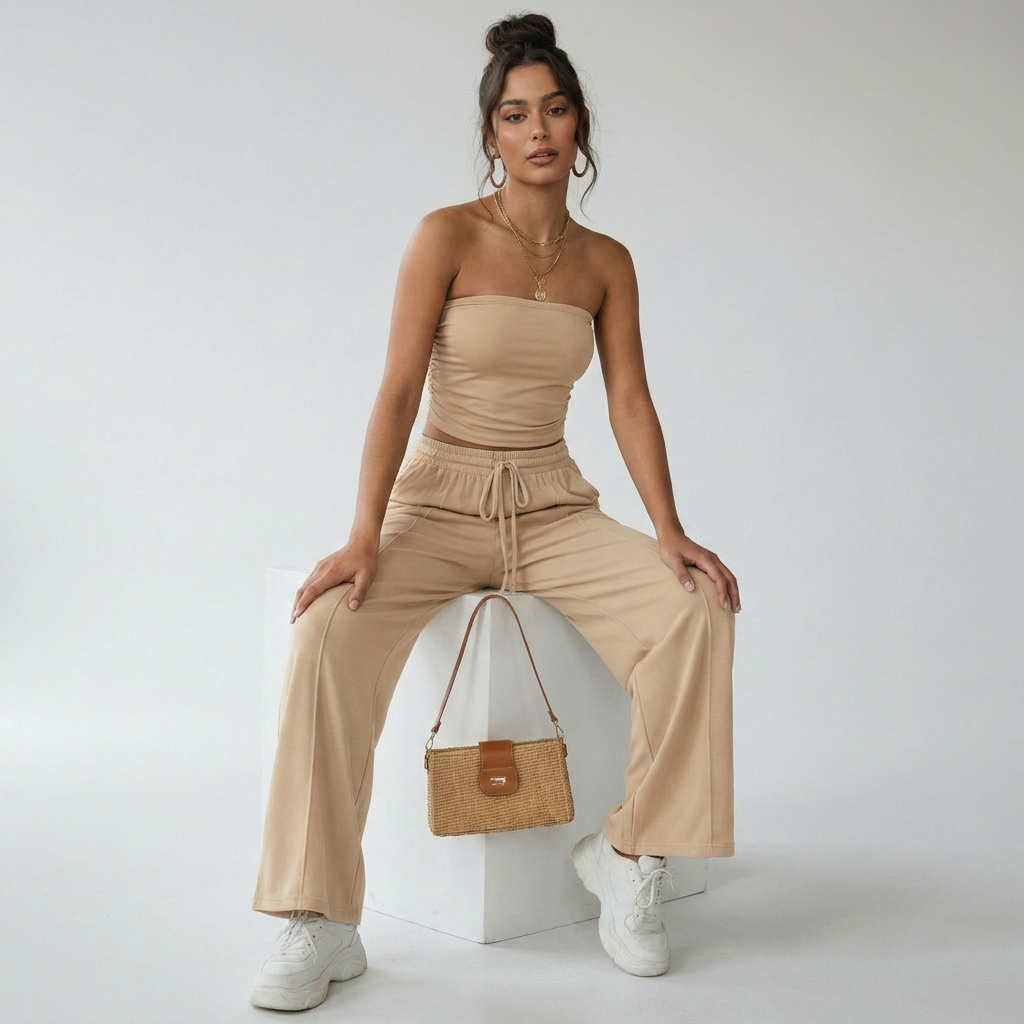 Elvani Lounge-Set Damen in Beige – sitzende Pose mit Bandeau-Top, Wide-Leg-Hose und Korb-Handtasche