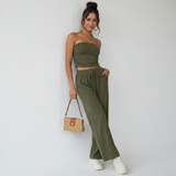 Elvani Lounge-Set Damen in Olivgrün – Bandeau-Top und Wide-Leg-Hose, Streetstyle-Look mit Schultertasche