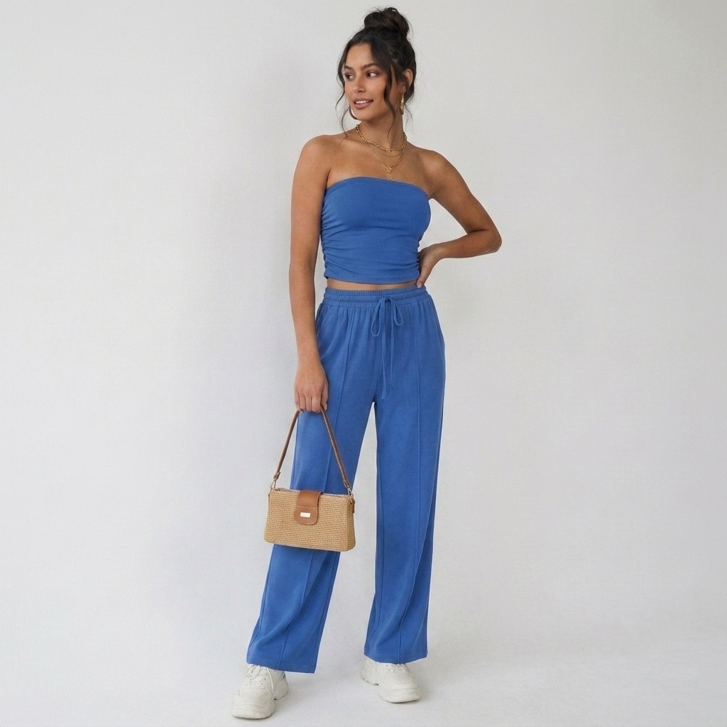 Elvani Lounge-Set Damen in Blau – Komplett-Look mit schulterfreiem Bandeau-Top, Wide-Leg-Hose und Schultertasche