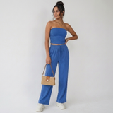 Elvani Lounge-Set Damen in Blau – Komplett-Look mit schulterfreiem Bandeau-Top, Wide-Leg-Hose und Schultertasche