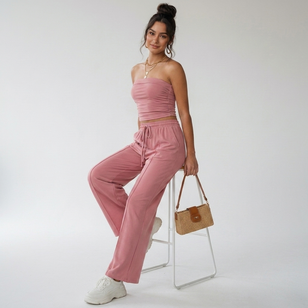 Elvani Lounge-Set Damen in Altrosa – sitzende Pose mit Wide-Leg-Hose, Bandeau-Top und Korb-Handtasche