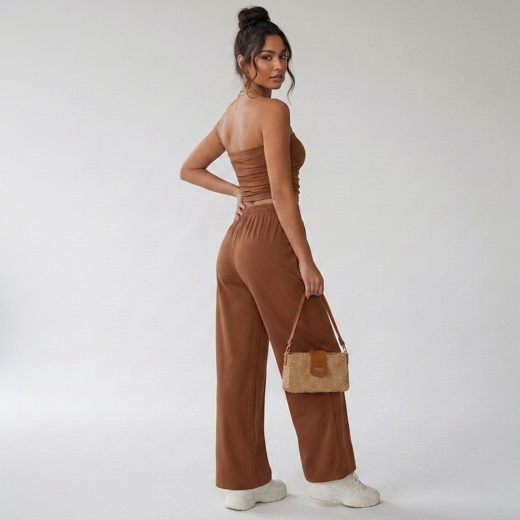 Elvani Lounge-Set Damen in Braun – Rückansicht des schulterfreien Bandeau-Tops und der Wide-Leg-Hose