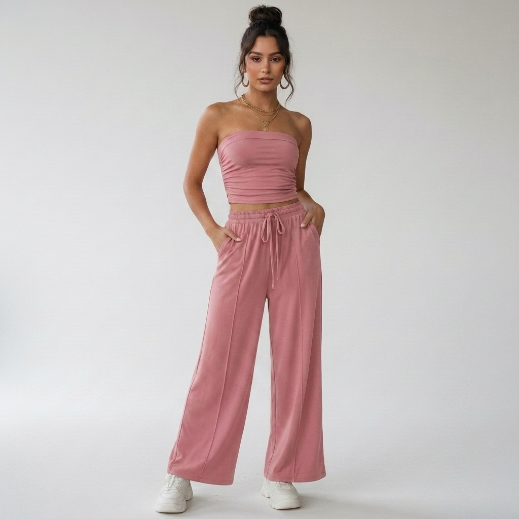 Elvani Lounge-Set Damen in Altrosa – schulterfreies Bandeau-Top mit Wide-Leg-Hose und Bindeband, Frontansicht
