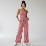 Elvani Lounge-Set Damen in Altrosa – schulterfreies Bandeau-Top mit Wide-Leg-Hose und Bindeband, Frontansicht