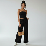 Elvani Lounge-Set Damen in Schwarz – schulterfreies Bandeau-Top mit Wide-Leg-Hose und Crossbody-Tasche, Frontansicht