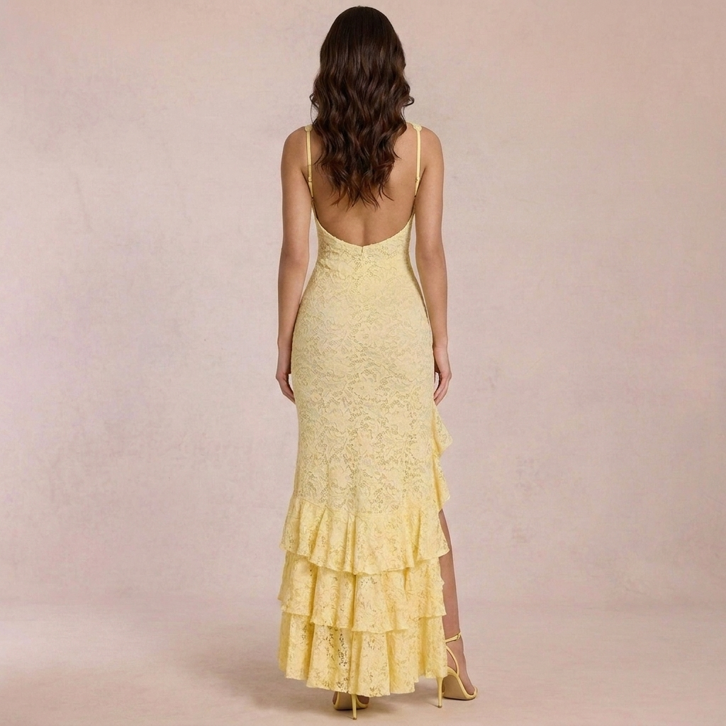 Soléa Gelbes Maxikleid mit Volants – sommerlicher Look für Hochzeitsgäste und Garden Parties