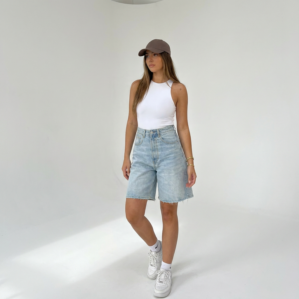Novéra Denim Bermuda Shorts Damen in Hellblau – Streetstyle-Outfit mit Tank Top und Cap, Frontansicht