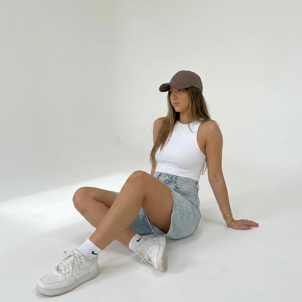 Modell trägt Novéra Denim Bermuda Shorts – Detailansicht der High-Waist-Passform und Vintage Wash